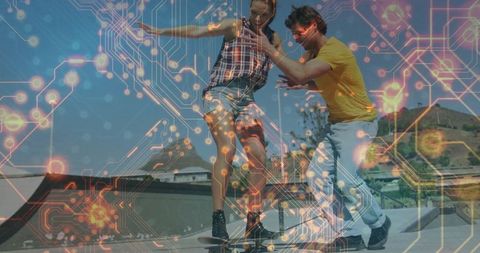 Skateboard Adventure with Futuristic Digital Overlay