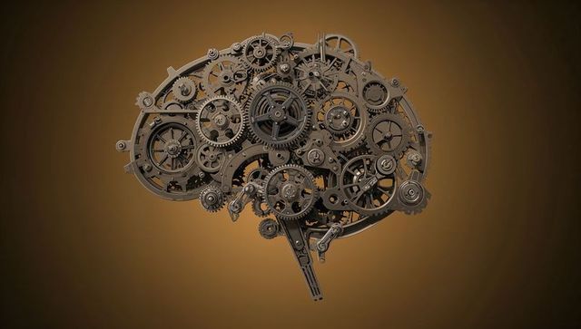 Steampunk mechanical brain displaying interlocking gears and cogs, bronze industrial mind