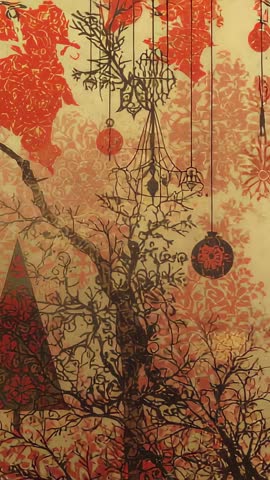 Revealing vertical holiday panel with gnarled branch, hanging ornaments and floral pattern