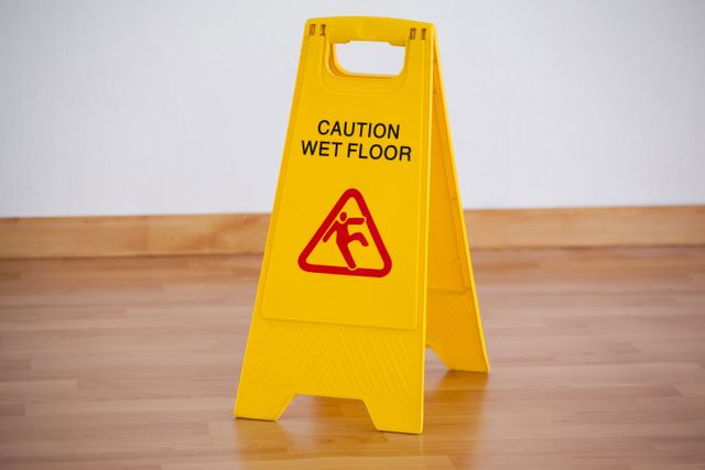 Yellow wet floor caution sign placed on wooden floor, indicating a slippery surface. Useful for illustrating workplace safety, cleaning procedures, and hazard warnings in indoor environments such as offices, schools, and public buildings.