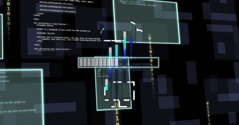 Futuristic neon hud dashboard featuring aqua data panels, segmented bar and binary streams