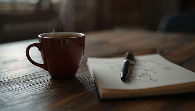 Steaming brown mug with open journal and pen on rustic wooden table for cozy morning