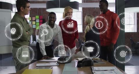 Diverse Team Collaborating with Digital Business Icons