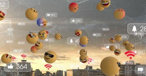 emojis and social icons floating above urban cityscape - Download Free Stock Images Pikwizard.com
