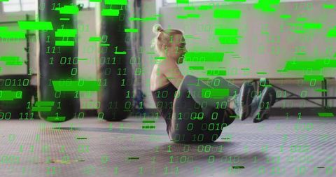 Female performing core workout in industrial gym with green binary code glitch overlay