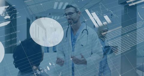 Doctor consulting patient with modern graphic medical overlays