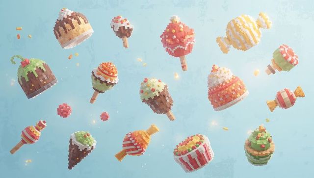 Floating voxel candy treats drifting on pastel sky with whimsical confetti