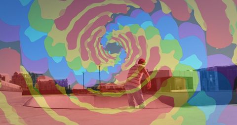 Colorful Abstraction Overlay on Skateboarding Moment