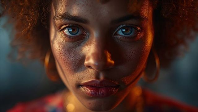 Intense closeup portrait woman with blue eyes, curly hair, hoop earrings, cinematic light