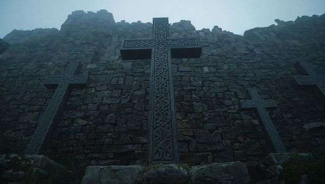 Misty monolithic celtic crosses rising from weathered stone wall with intricate knotwork