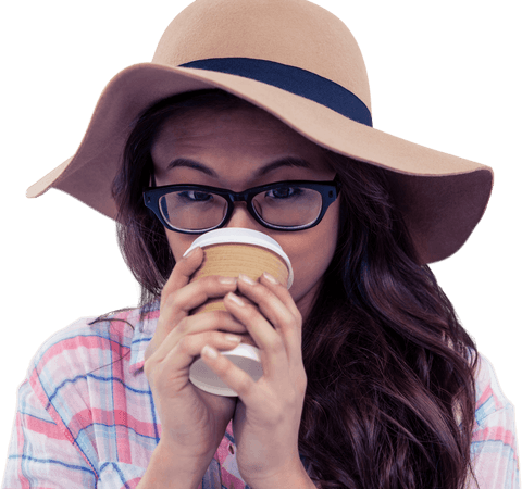 Transparent woman in hat drinking coffee odd concept