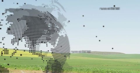 Dotted globe hovering over green farmland with barcode strips and floating data dots