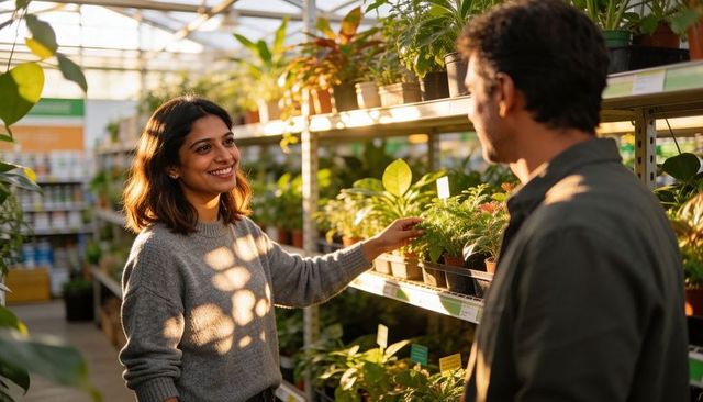 Smiling woman reaching for potted plant while chatting with partner in sunlit greenhouse