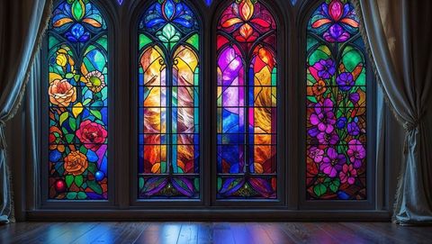 Colorful stained glass windows in chapel with floral motifs