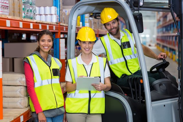Group of male and female workers smiling together in a warehouse. They are wearing high visibility vests and safety helmets, indicating a focus on safety and teamwork. One worker is holding a clipboard, suggesting inventory management or logistics tasks. This image can be used for promoting workplace safety, teamwork, logistics services, and warehouse management solutions.