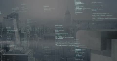Futuristic Urban Landscape Blending with Digital Code Flow