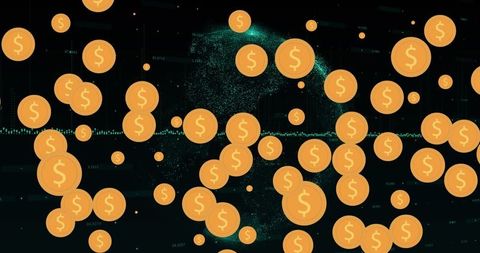 Digital Currency Coins Floating in Abstract Cyber Background