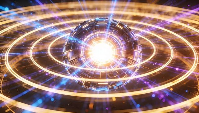 Futuristic Energy Core Orb with Radiant Golden Rings, Neon Streams and Segmented Metal