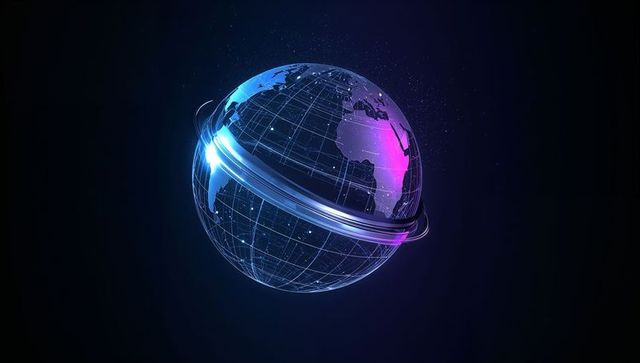 Rotating holographic globe with neon ring and wireframe grid illustrating global network