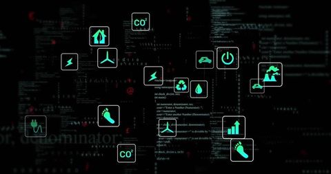 Visualizing sustainability and energy data on cyber dashboard with teal icons and code