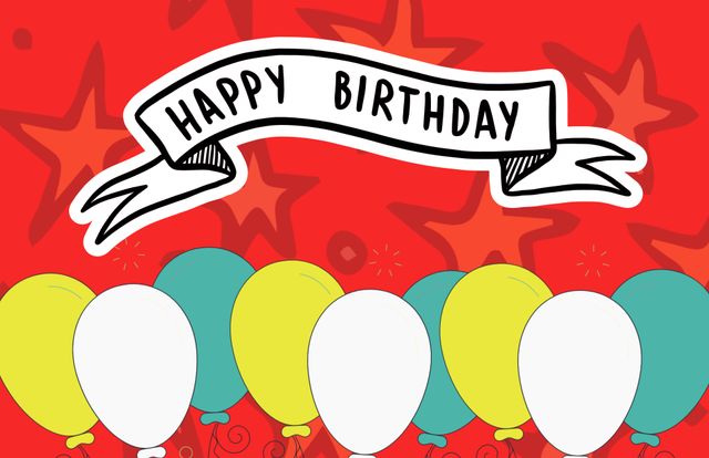 This image features a vibrant Happy Birthday banner with colorful balloons against a red background with star patterns. Ideal for birthday party invitations, greeting cards, festive decoration designs, or event flyers, this cheerful visual can bring an energetic and playful element to your celebrations. Its lively colors and fun atmosphere make it perfect for both children's and adults' birthday events.