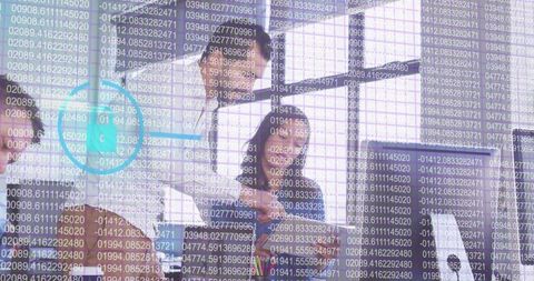 Team of Professionals in Modern Office with Digital Interface Overlay