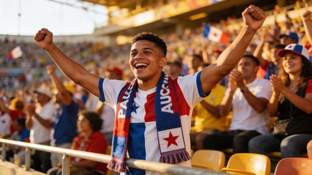 Young male fan cheering with scarf and jersey in stadium raising arms during golden hour