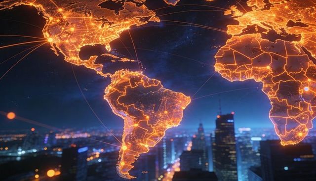 Futuristic Glowing Global Network Overlay Above Nighttime City Skyline with Data Nodes