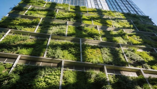 Vertical green wall rising on high-rise with modular planter grid and sunlit urban facade