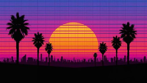 Glowing retro sun dominating neon skyline with palm silhouettes in synthwave sunset