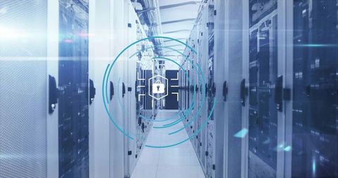 Cybersecurity Concept in Modern Data Center with Digital Padlock Icon