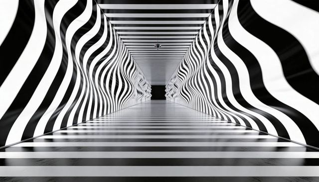 Monochrome striped corridor pulling viewer toward dark doorway with optical illusion perspective
