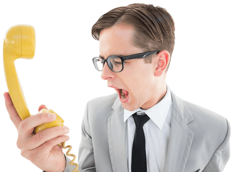 Transparent businessman shouting at vintage telephone