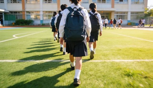 Uniformed students walking across green turf toward modern school building with backpacks
