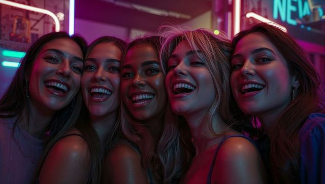 Women Enjoying Nightlife Under Vibrant Neon Lights
