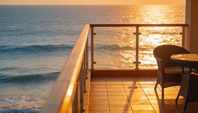 Sunset oceanview balcony overlooking sea, wicker chair reflecting golden light