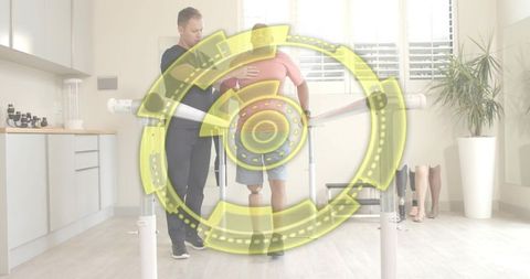 Therapist guiding patient walking with prosthetic leg using parallel bars in clinic