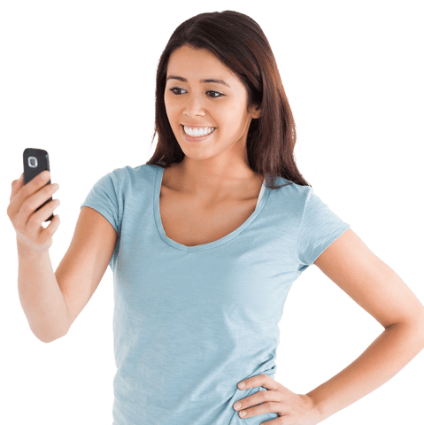 Smiling Woman Looking at Mobile Phone on Transparent Background