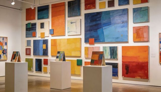 Colorblock abstract gallery wall installation with geometric canvases and plinth display