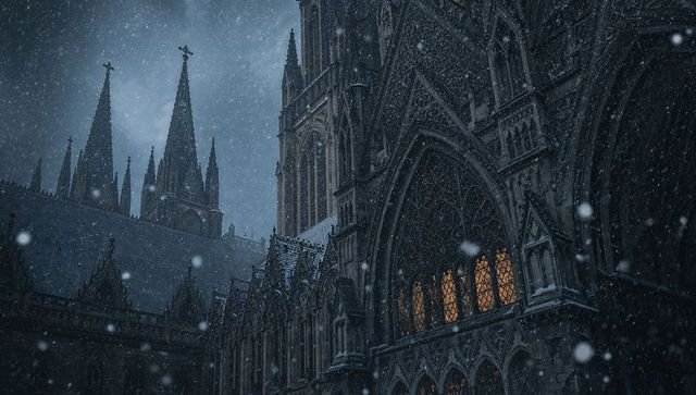 Glowing Gothic Cathedral Facade with Stained-Glass Windows and Falling Snow at Twilight
