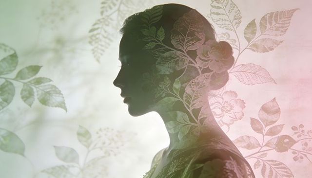 Ethereal female silhouette with botanical overlay in pastel backlit studio portrait
