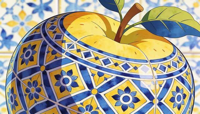 Talavera ceramic-tiled apple wearing blue and yellow mosaic pattern with green leaves