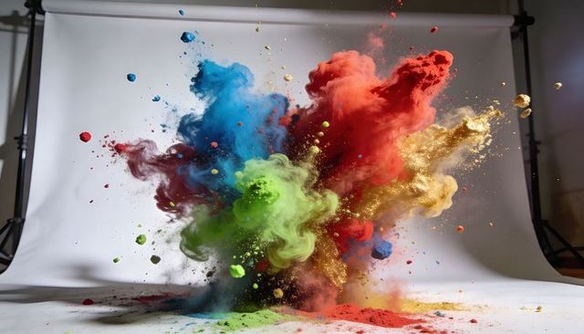 Bursting Multicolor Pigment Clouds Filling White Studio Backdrop with Gold Glitter