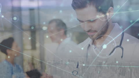 Modern Healthcare Technology with Connected Cityscape Background