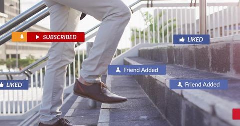 Person Climbing Urban Stairs Overlaid with Social Media Notifications