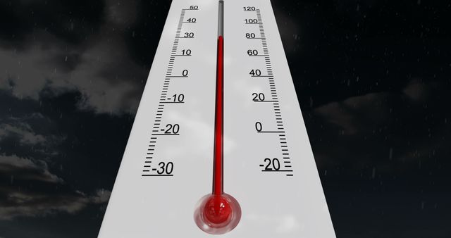 Thermometer showing subzero temperatures against dark, cloudy background. Useful for weather-related topics, climate studies, environmental science materials, articles on cold weather preparation, and illustrating extreme winter conditions.