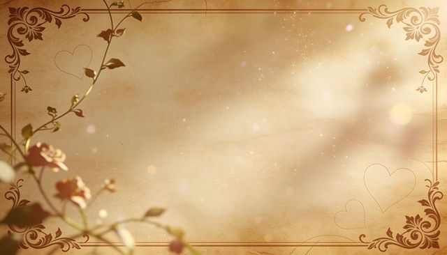 Vintage romantic parchment with climbing rose vine, ornate corner border and bokeh