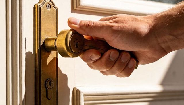 Sunlit hand turning vintage brass door handle with keyhole and shadow closeup