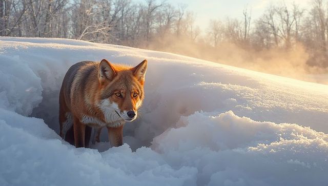 Red fox emerging from snow tunnel at sunrise with golden mist and frosty breath