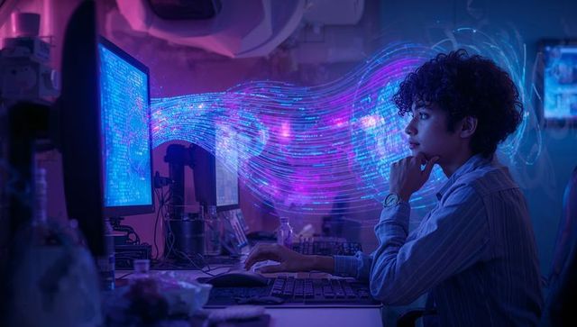 Coding developer at dual-monitor workstation with neon data stream visualizing AI insights